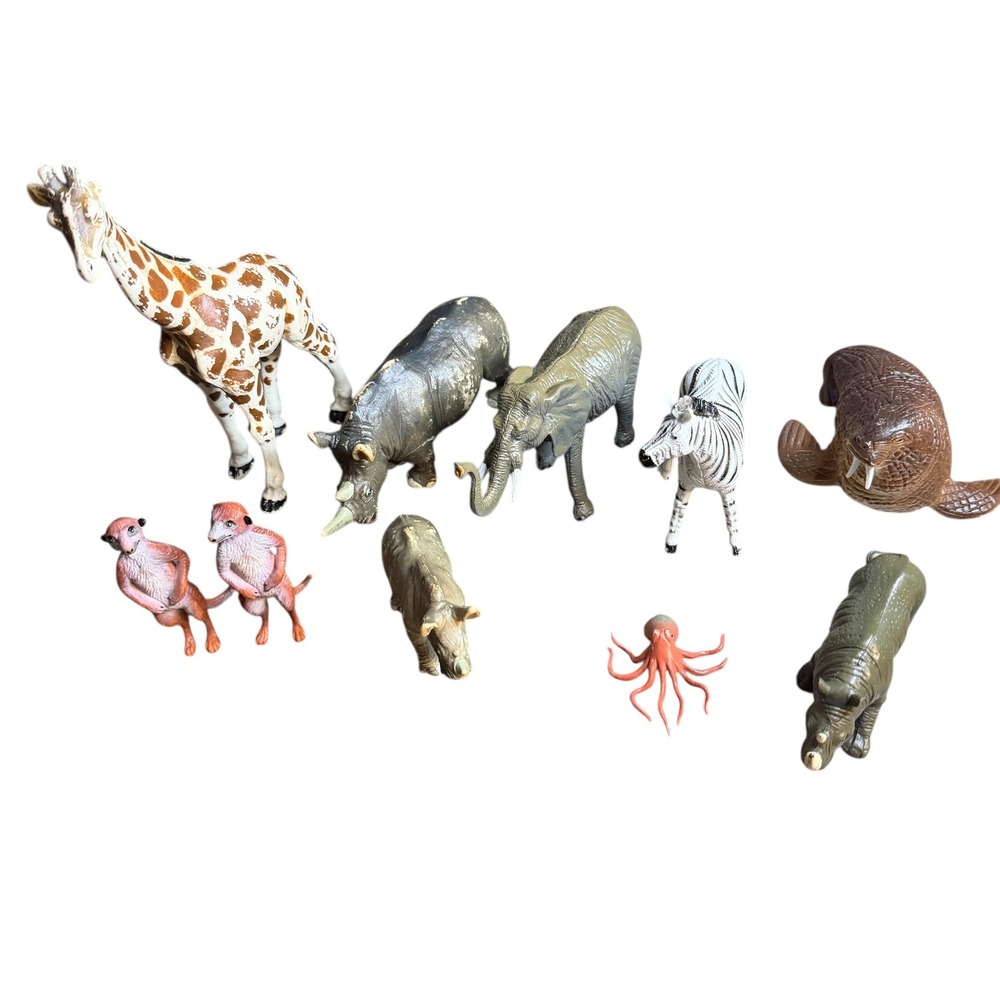Safari Ltd Vintage Animal Figurine Lot Giraffe Elephant Rhino Zebra 9pc Set